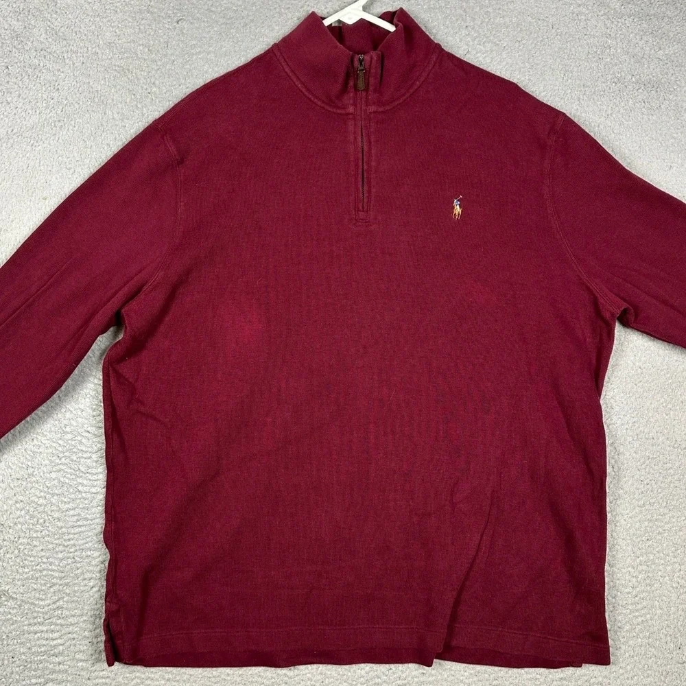 Polo Ralph Lauren Sweater Mens XL Burgundy Estate Rib Quarter Zip Flesh Pony EUC